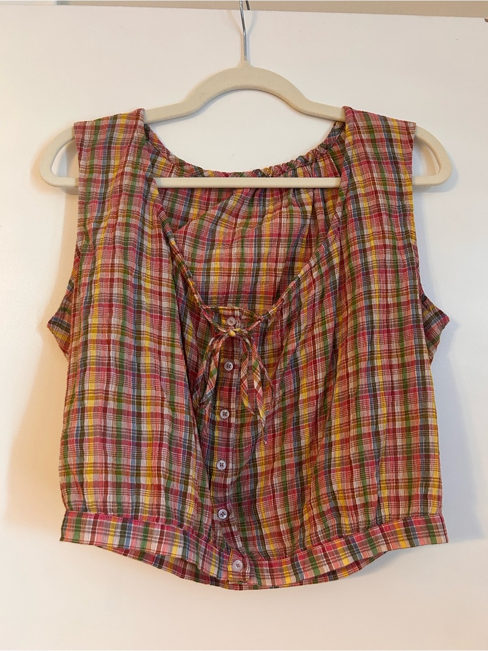 DÔEN Knock-off Plaid Tie-Front Sleeveless Top in Multi-Color